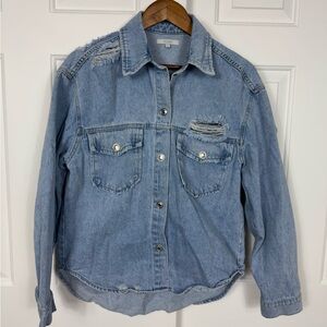 Veveret‎ Women's Small Distressed Denim Jacket Light Wash Baseball Oversized New